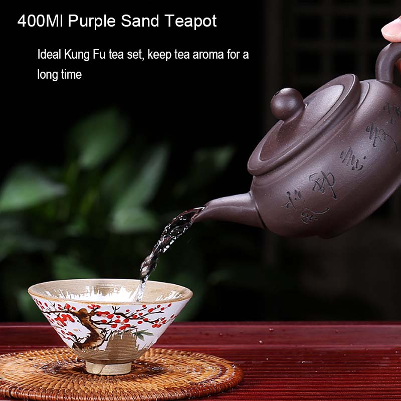 BORREY Yixing fialová hliněná konvice 400 ml Zisha konvička Čínská čajová sada Kung FU Ručně vyrobená keramická hliněná konvice Dárková konvice Oolong Puer
