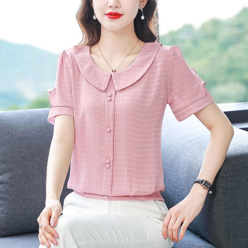 Summer Plus Size Blouse Women Vintage Chiffon Shirt Casual Loose Short Sleeve Tops