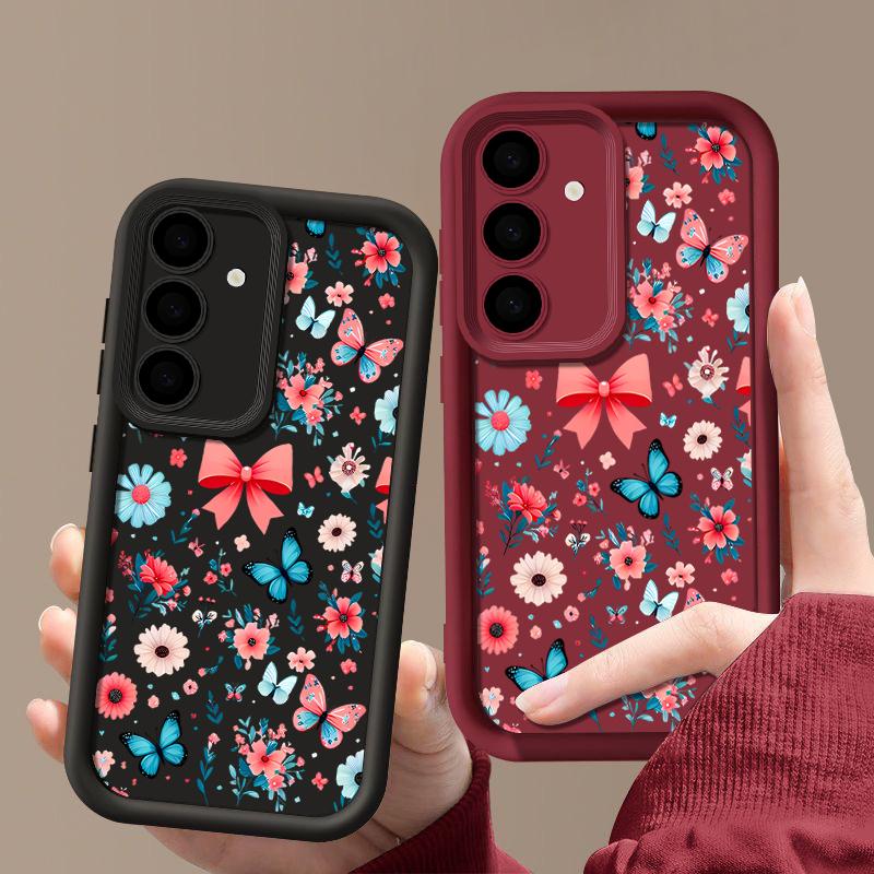 Butterfly Floral Pattern Anti-Fall Case For Samsung S25 Ultra S24 FE S23 S22 A56 A36 A26 A16 A15 A35 Matte Shockproof TPU Soft Phone Cover