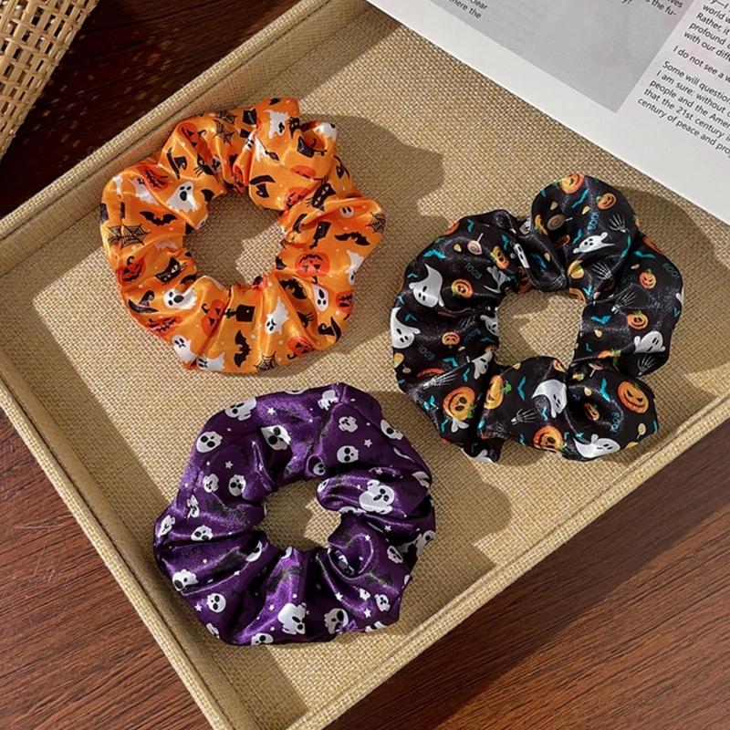 Glowing Pumpkin Hair Ties French Scrunchie Halloween Skull Pumpkin Bat Halloween Hair Style Tool Scrunchie