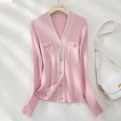 Women's Wool Blend Contrast V-Neck Cardigan