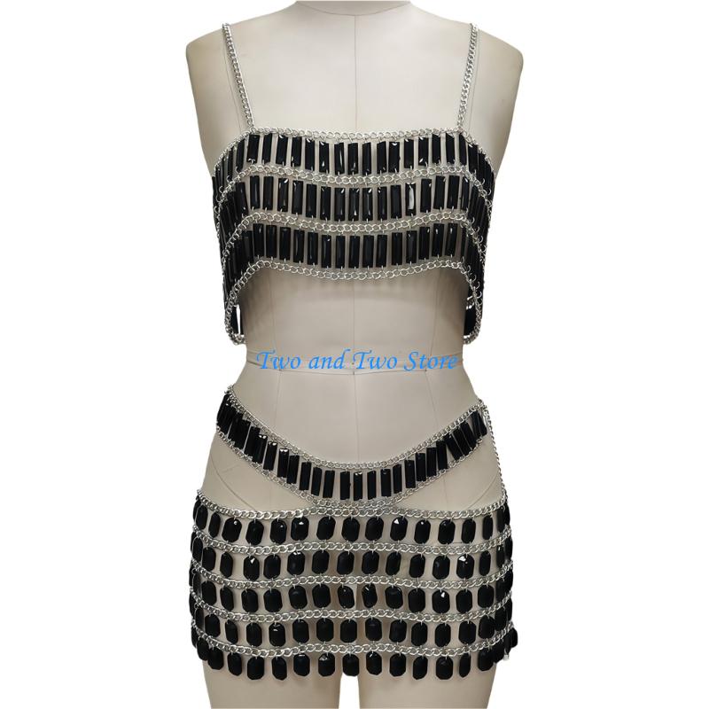 HX6F Blackless Crop Top Short Skirt Rhinestones Bras Chain Beach Body Jewelry S чёрный