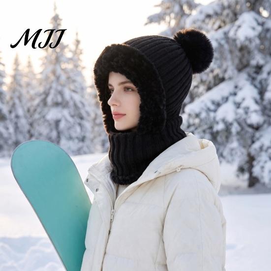 Elastic Warm Hat for Running Windproof Balaclava, Knitted Ski Mask Hat, Fleece Lined Knit with Winter Balaclava Men And Women Pompom, Cozy Neck Warmer