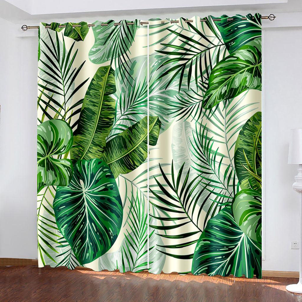 Tropical Leaf Printing Woven Curtains Two Separate Curtains on The Left and Right of The Bedroom  Blackout Curtains