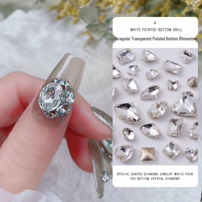 Nail Art Decorations: Transparent Pointed Rhinestones - Heart, Water Drop, Square, Butterfly Shapes