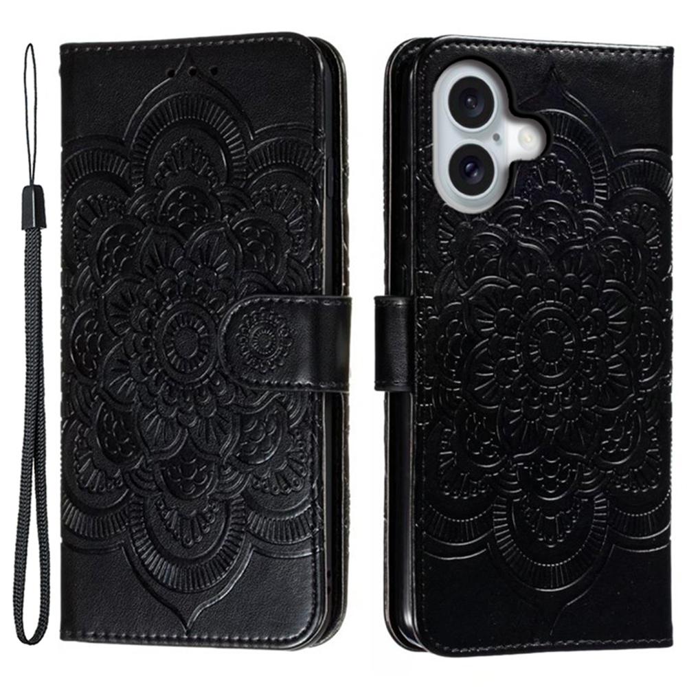 For iPhone 16 Case PU Leather Mandala Imprinted Design Wallet Phone Cover - Green