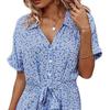 Women Summer Floral Midi Dress Short Sleeve Button Down Belted Dress Casual V Neck Shirt Dress with Slit Hem