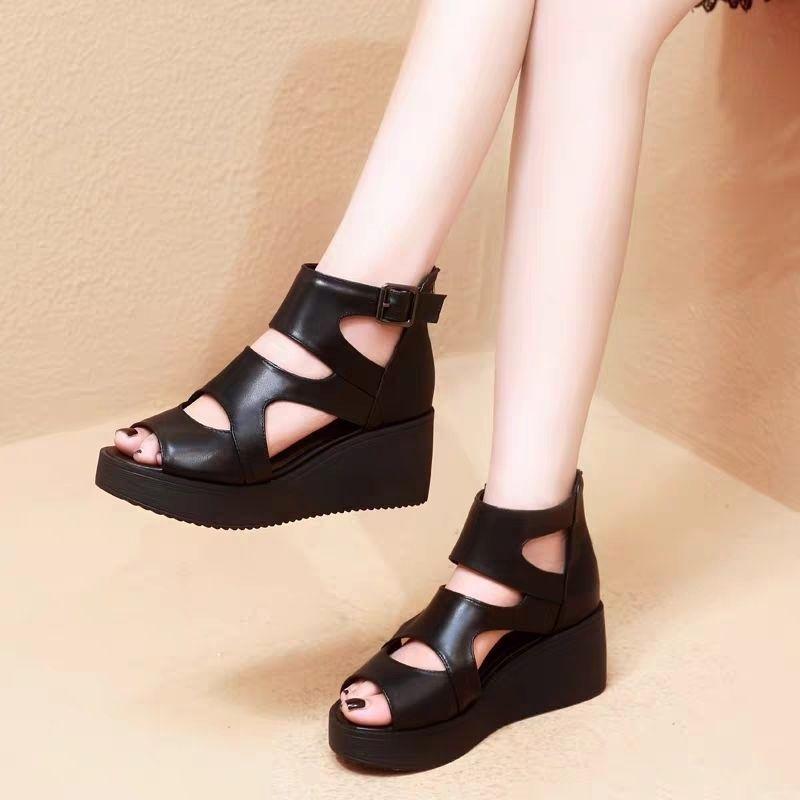

2025 spring and summer new sandals women s high heels muffin thick-soled cool boots wedge heel fish mouth women s shoes hollow Roman shoes 40
