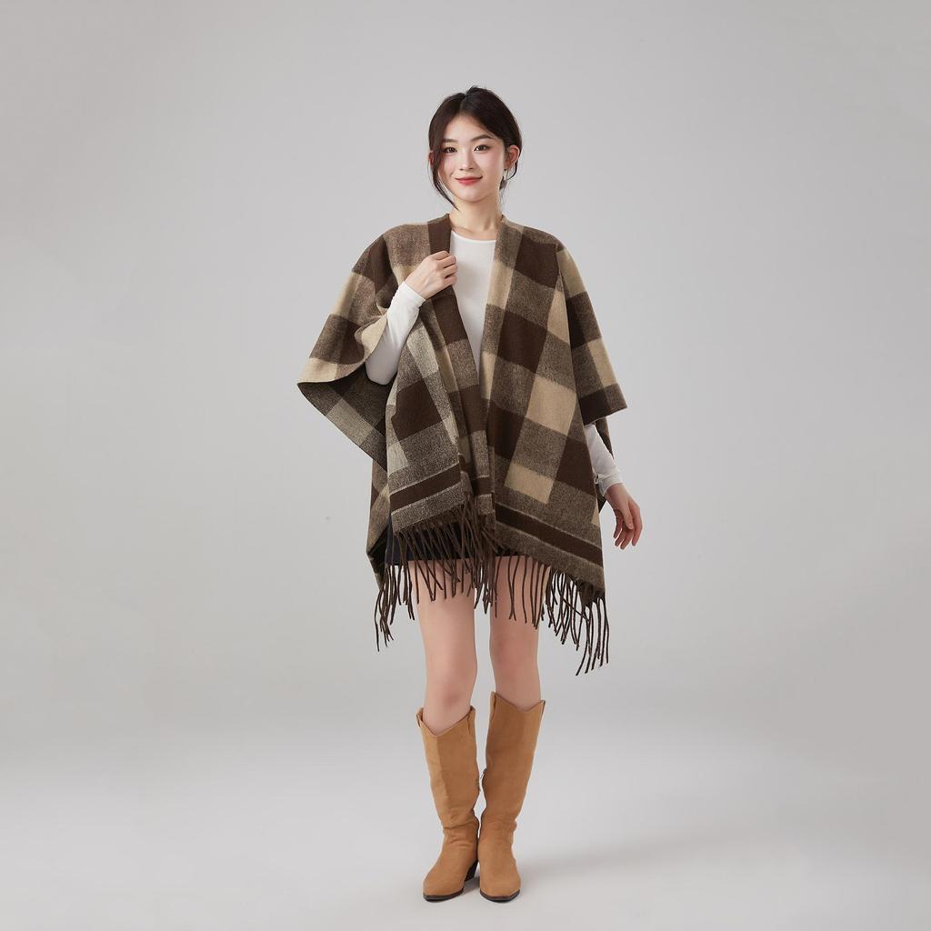2025 Plaid Shawl Women's Autumn/Winter Travel Cape - Tassel Office Outerwear, Loose & Warm