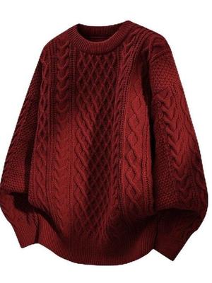 Unisex Retro Cable Knit Sweater - Round Neck, Solid Color, Loose Fit, Long Sleeve