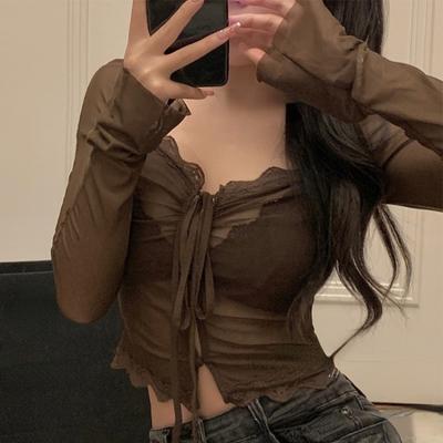 Mesh Tops Vrouwen Lace Up Y2k T-shirt Vrouwelijke Japanse See Through Vintage Tops Dames Kanten Vest Cropped Tee Tops Zomer