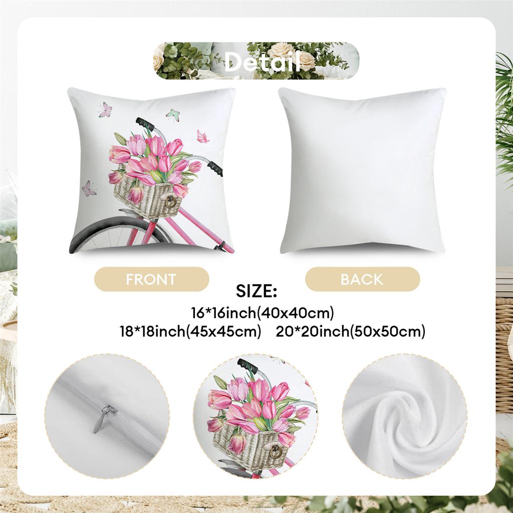 Set of 4 Pink Bicycle Tulip Spring Throw Pillow Covers, Suitable for Bedding And Sofas In The Bedroom