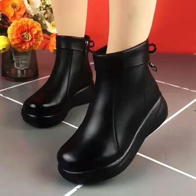 Soft leather autumn and winter new thickened thermal cotton boots women's rear lace-up velvet mother shoes comfortable round head versatile women's sh