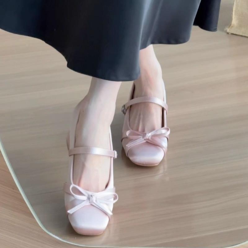 Inside Heightened Mary Jane Shoes Autumn New Square Toe Shallow Mouth Bow Slip Strap Non-Slip Kitten Heel