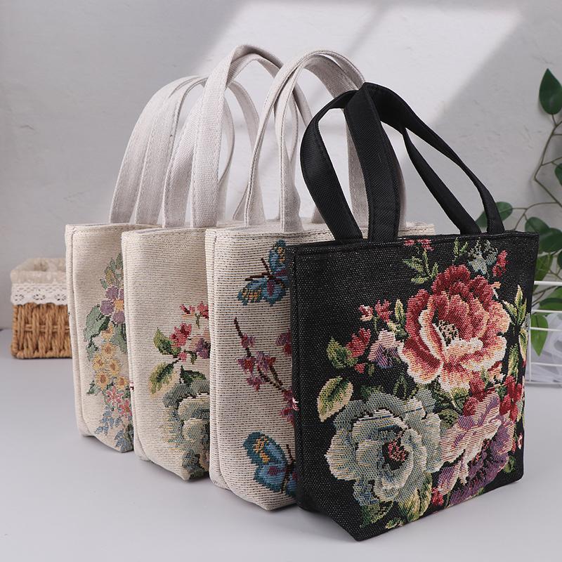Embroidery Canvas Bag Cute Butterfly Rabbit Peony Tote Bag Small Shoulder Traveling Pouch Handbag Grocery Storage Bag