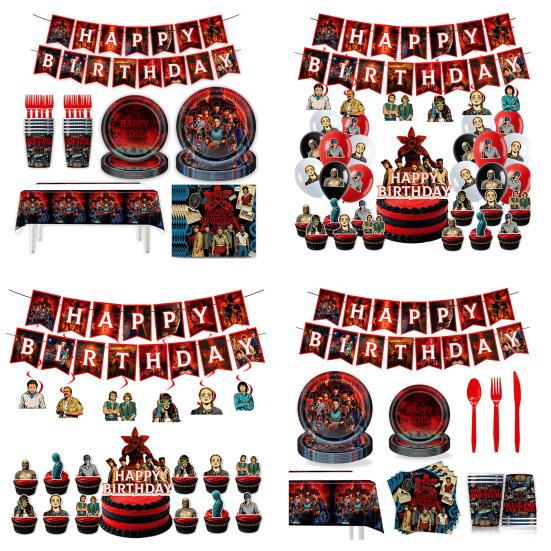 Alles Gute zum Geburtstag Dekorationsset Enthält Einweg-Pappteller Servietten Becher Tischdecke Banner Anime-Themen-Partyzubehör für Kinder Fans