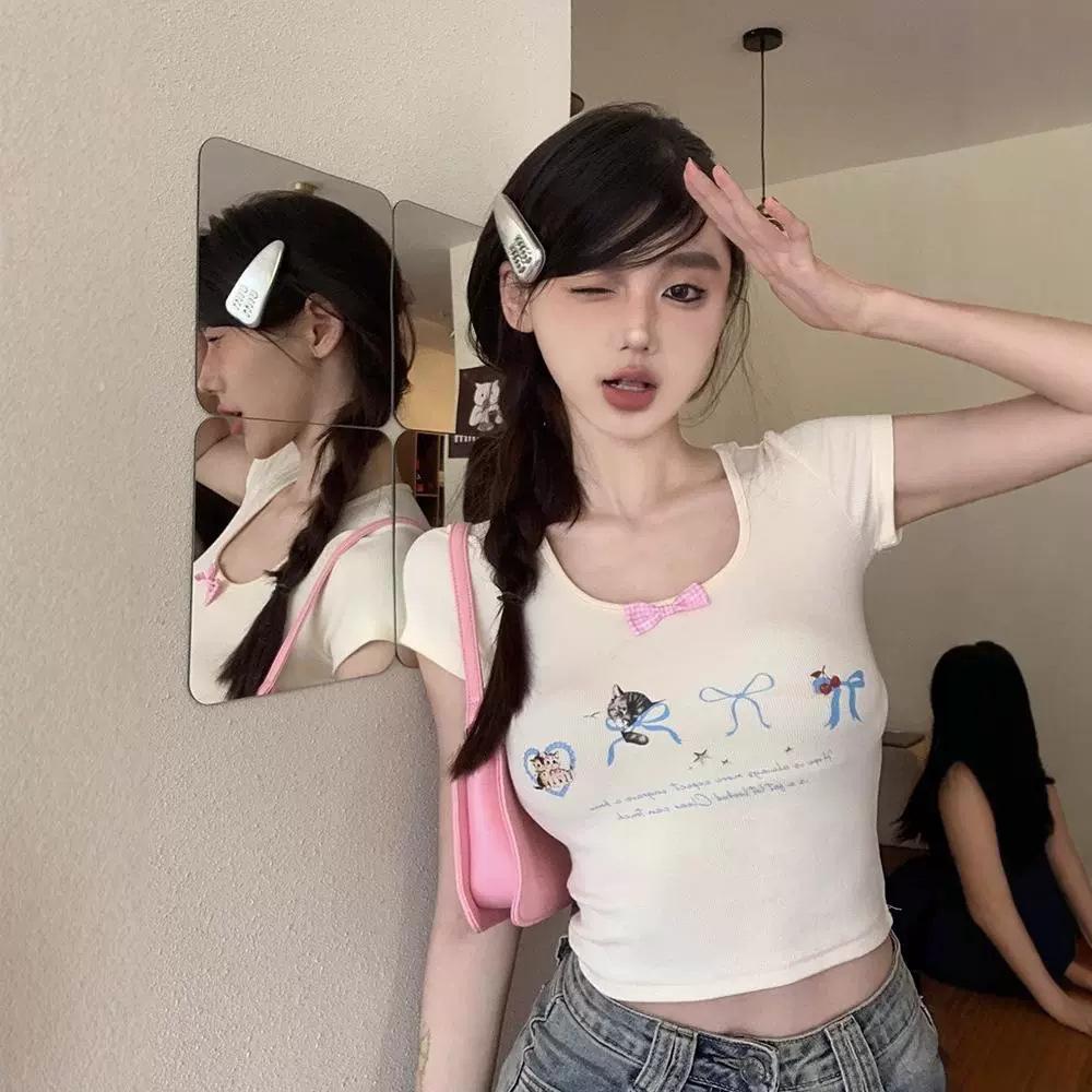 Pure desire hottie cat print u-neck short-sleeved T-shirt women's summer tight bow pink sweet and thin short top