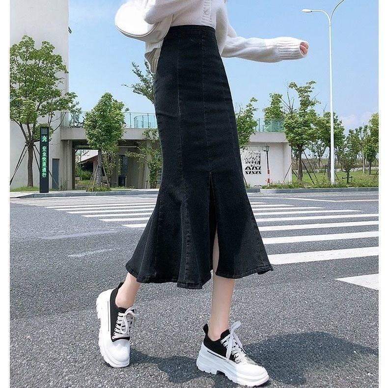 Cotton Blend Midlength Pencil Skirt With Zipper And Ruffle For College Girls