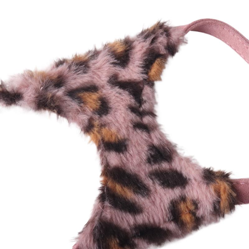New Arrival Leopard Print Dog Harness & Leash Set - Faux Rabbit Fur Pet Harness Pet Leash with Dual Buckles Safety