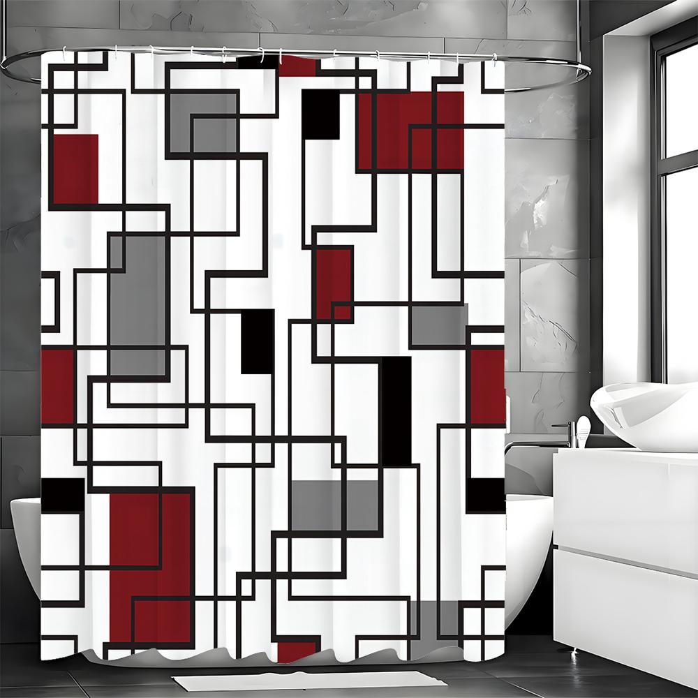 Modern Geometric Square Red Gray Black Shower Curtain, Bathroom Decorative Shower Curtain, Waterproof Shower Curtain with Hooks