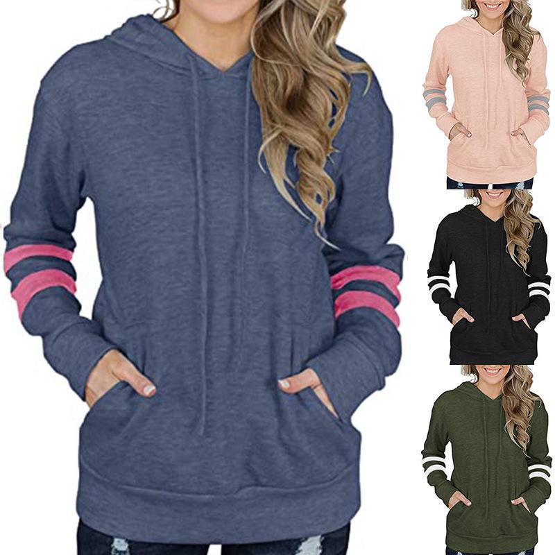 Autumn and Winter New Women's Contrast Striped Hoodie Loose Kangaroo Pocket Sweater