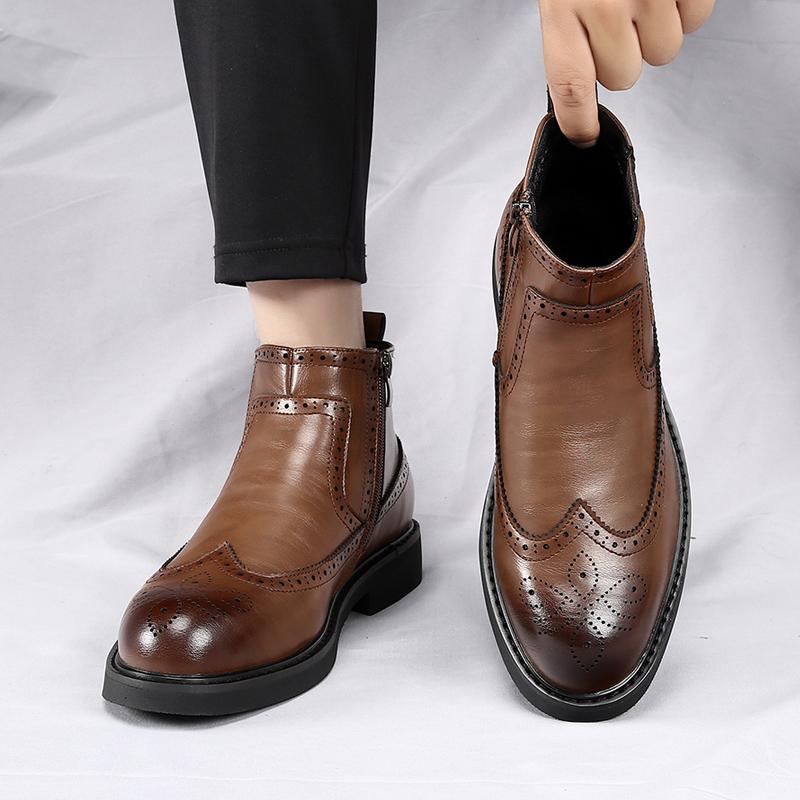 Mode Hochwertiges Leder Chelsea Herrenstiefel Luxusmarke Bequeme Brogue Schuhe Herren Modetrend Dicke Sohle Lässige Herren Stiefeletten