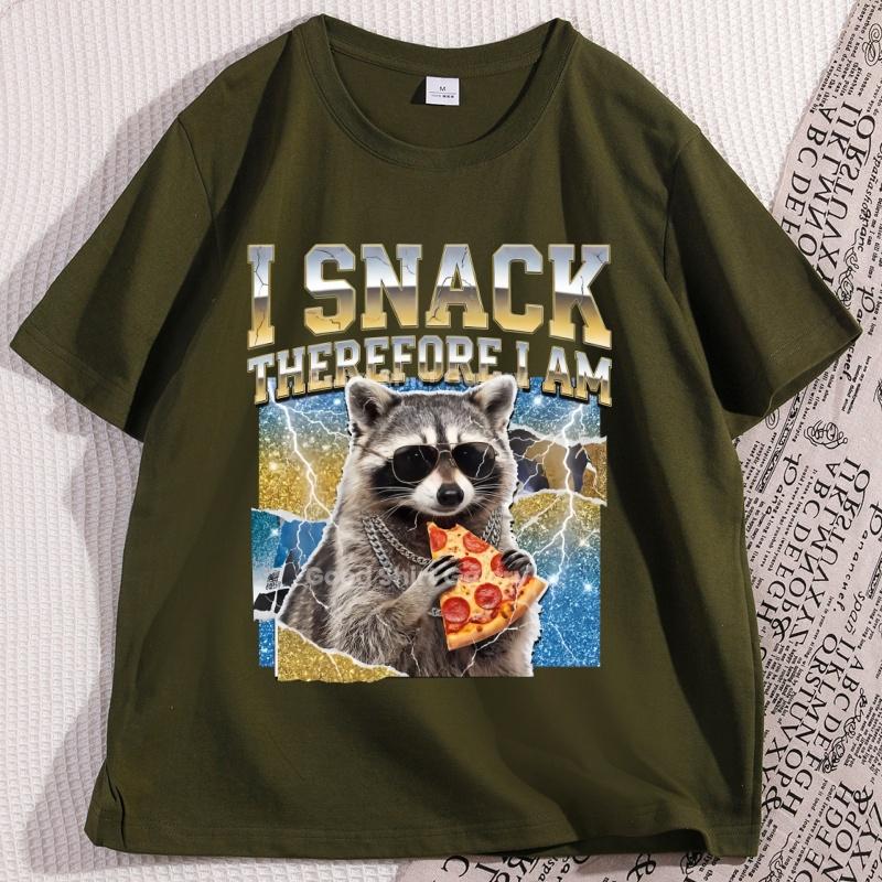 Raccoon Pizza TShirt I Snack Therefore I Am Graphic Tees Funny Animal Lover T Shirt Retro Cotton Short Sleeve Round Neck Tee