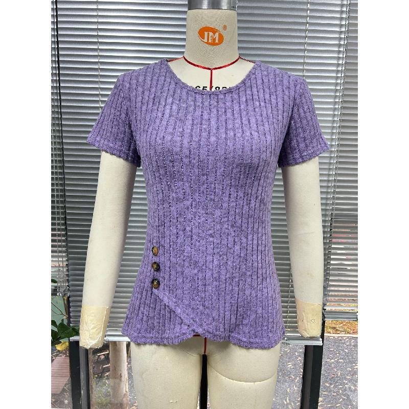 2026 Summer Women's Solid Color Round Neck T-Shirt Fashionable Buttoned Pleated Short Sleeve Top