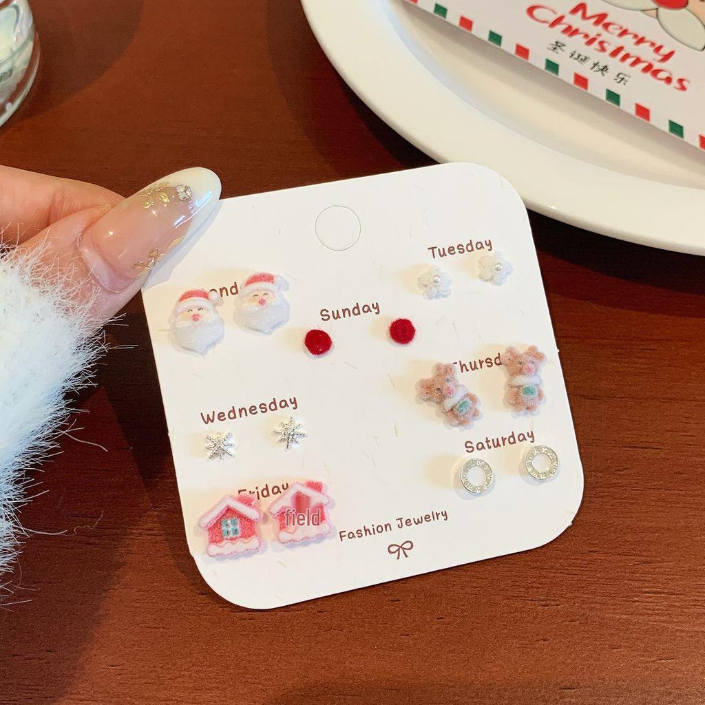 Silver Needle Snowman Santa Bow Stud Earrings - Festive Cartoon Design for Women