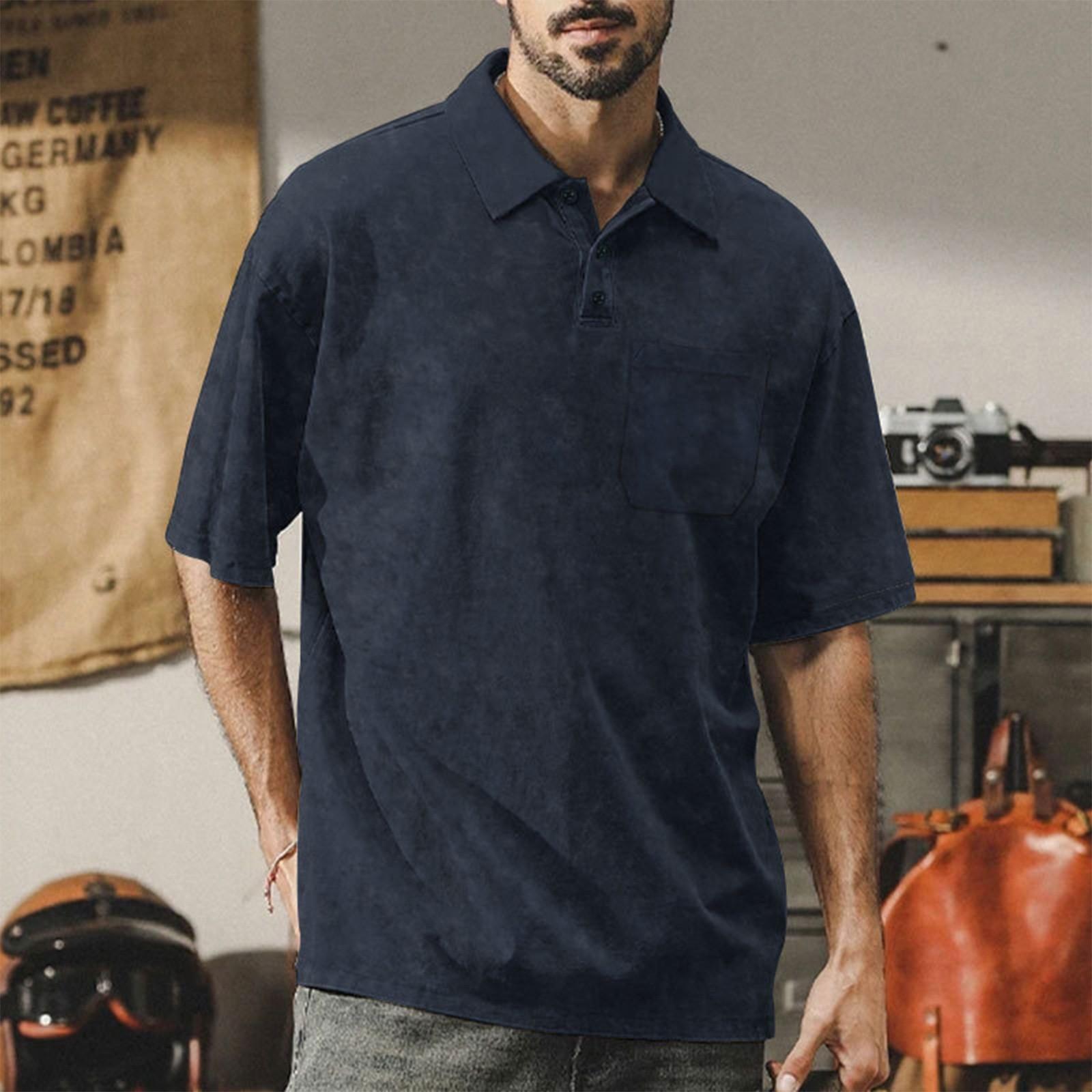 

Мужская свободная повседневная футболка с короткими рукавами и пуговицами в стиле ретро XL тёмно-синий