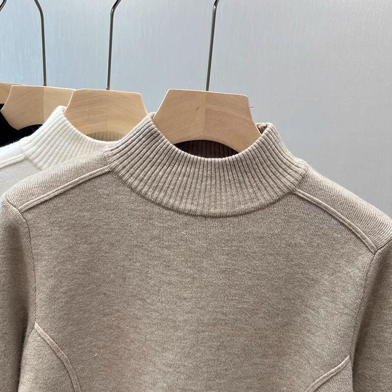 Vintage Fleece Thickened Turtleneck Sweater Women's Autumn Winter Solid Design Fashion Warmth Integrated Velvet Inner Pullover Base Tops