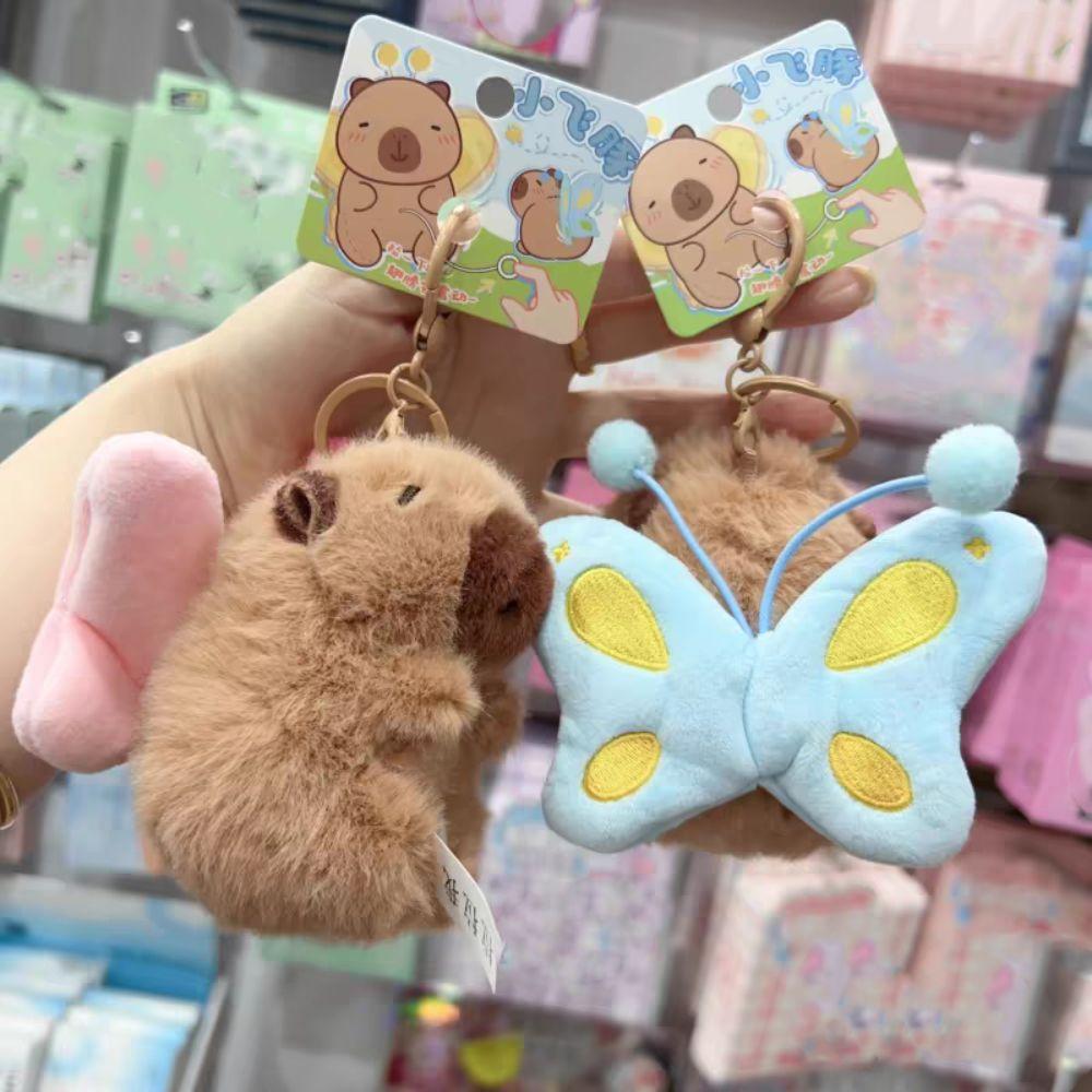 Cartoon Plush Capybara Keychain Pull Butterfly Car Keyring Funny Capybara Dolls Pendant Bag Decor