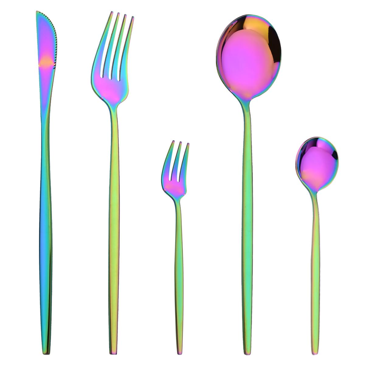 

5 шт. разноцветная столовая посуда, набор столовых приборов, столовые приборы из нержавеющей стали, нож, вилка для торта, кофейная ложка, столовые приборы, столовые приборы в стиле западной кухни, серебро разноцветный