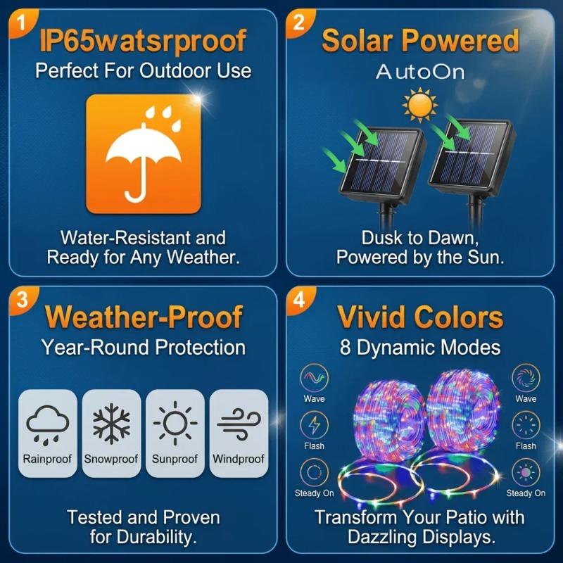 Solar LED Rope String Lights, Waterproof Tube Fairy Garland Lamp for Outdoor Garden, Christmas Holiday & Home Decoration