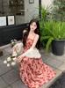 Seaside vacation wind beach dress summer suspender floral dress high waist thin versatile rose print dress