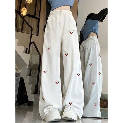 Bestickte Kirsch Jeans Damen - Trendig Vielseitig High-Waist Schlankmachend Lockerer Sitz Gerade Beine Lässige Lange Hose