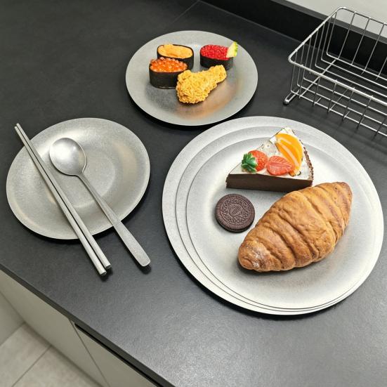 Stainless Steel Serving Tray Retro Rustic Dish for Steak Dessert Edgeless Round Plate for Home Camping Kitchen
