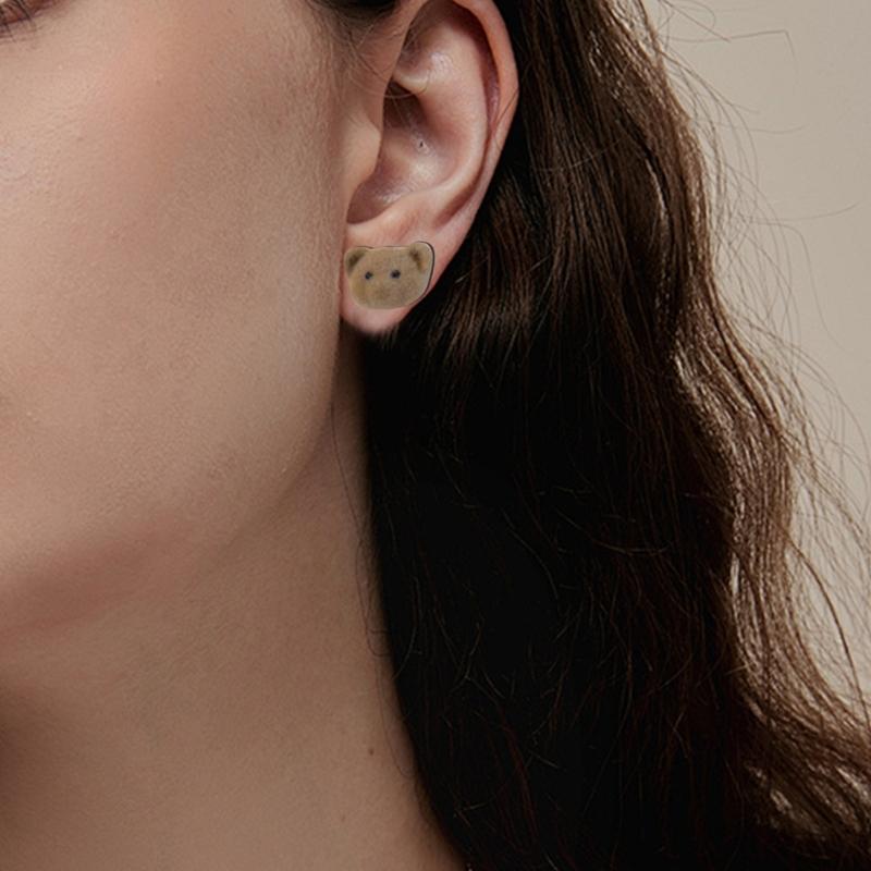Autumn Winter Earrings Coffee Colored Flocking Bear Earrings Sweet Cartoon Style Ear Studs Suitable for Trendy Women