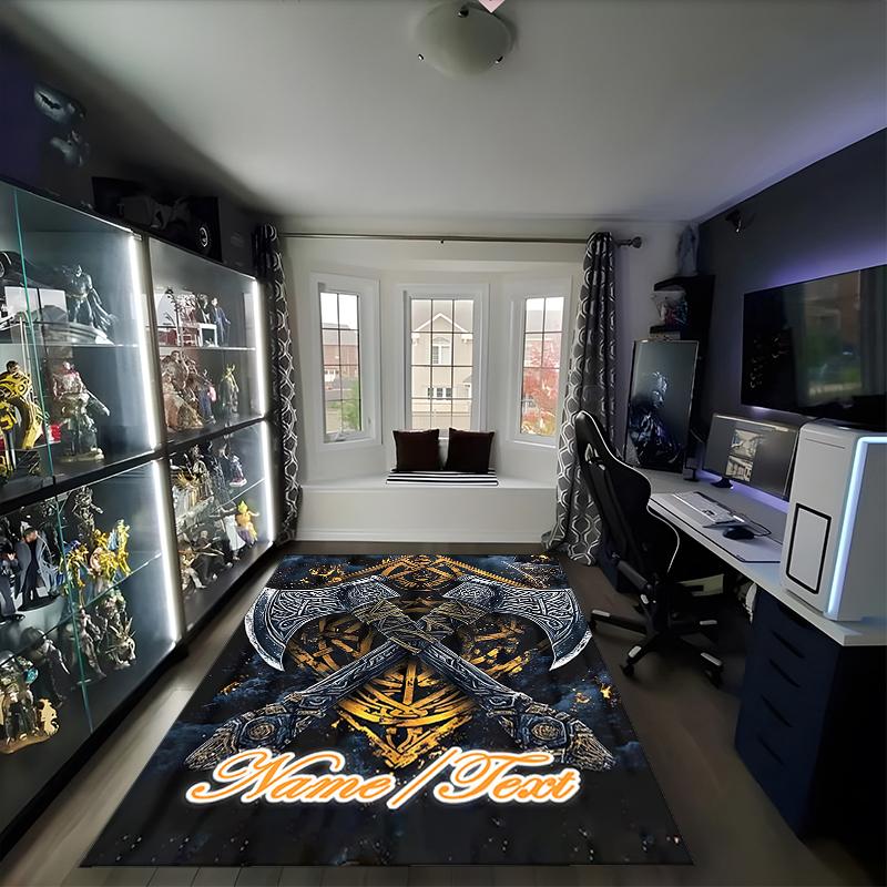 1PC Custom Name Axes Shield Theme Floor Mat Ideal for Living Room, Game Rooms, Office, Bedroom,Floor Mat Playful Design