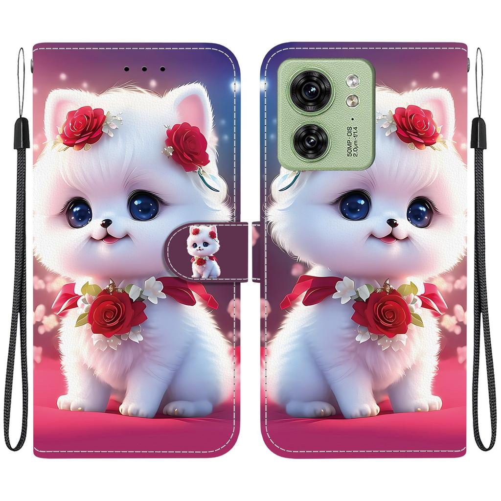 Handmade PU Leather Flip Case for Motorola Edge 40 Anti-Slip Shockproof Cover with Wrist Strap & Heart/Rose Cat Designs