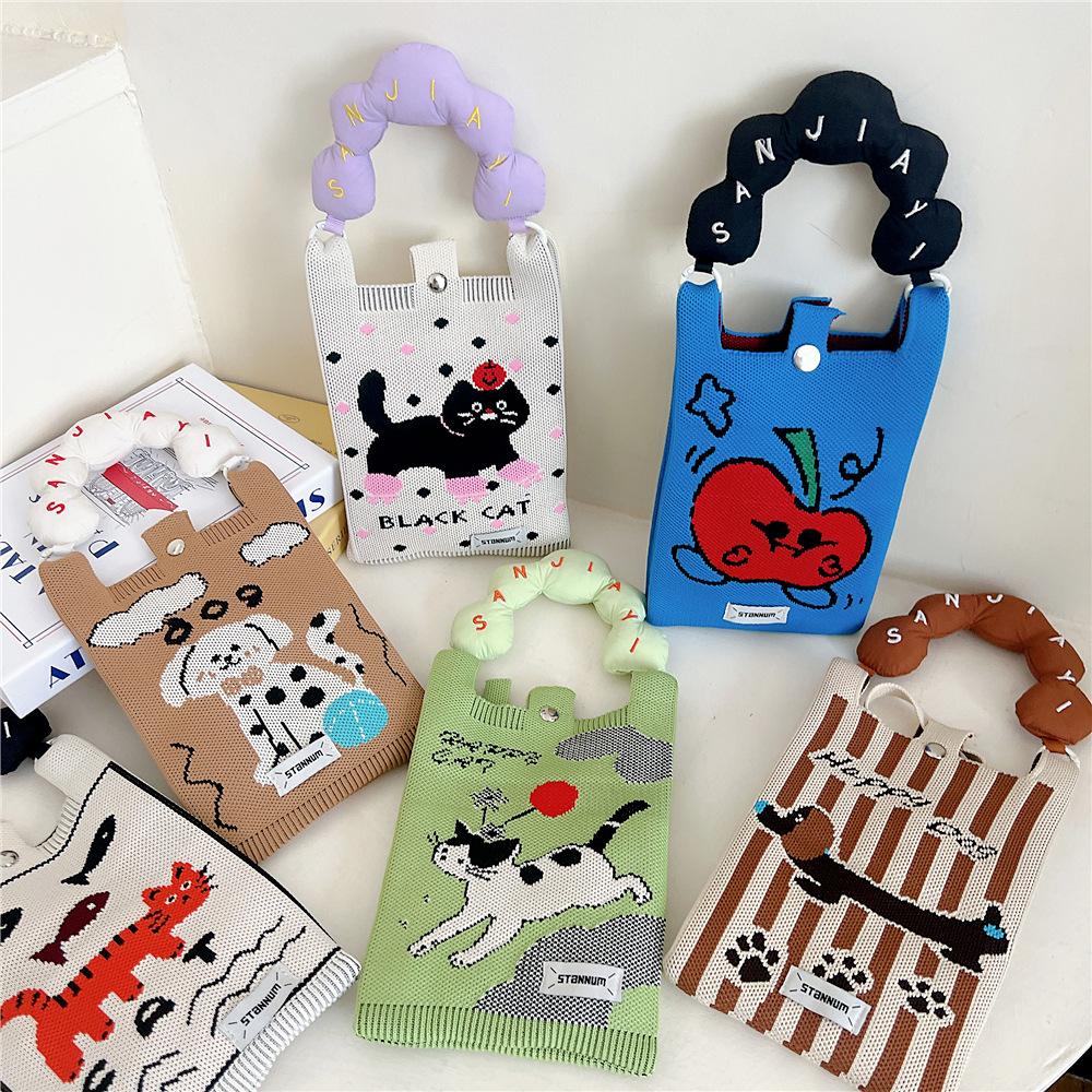 Knitted Mobile Phone Bag For Women In Spring And Autumn Cute Cartoon Versatile One Shoulder Diagonal Cross Bag Travel Coin Purse Small Handbag