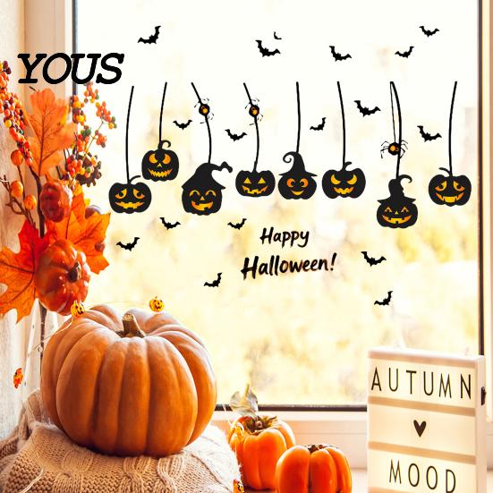 Static PVC Window Film 3Pcs Halloween Clings, Retro Silhouette Pumpkin Bat Ghost Castle Holiday Party Glass Decorations Decals, Waterproof Decorative