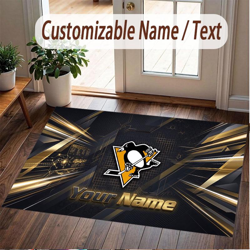 Custom Rug Pittsburgh Penguins Pattern Print Name Text Soft Non‑Slip Floor Carpet for Home Indoor Decoration
