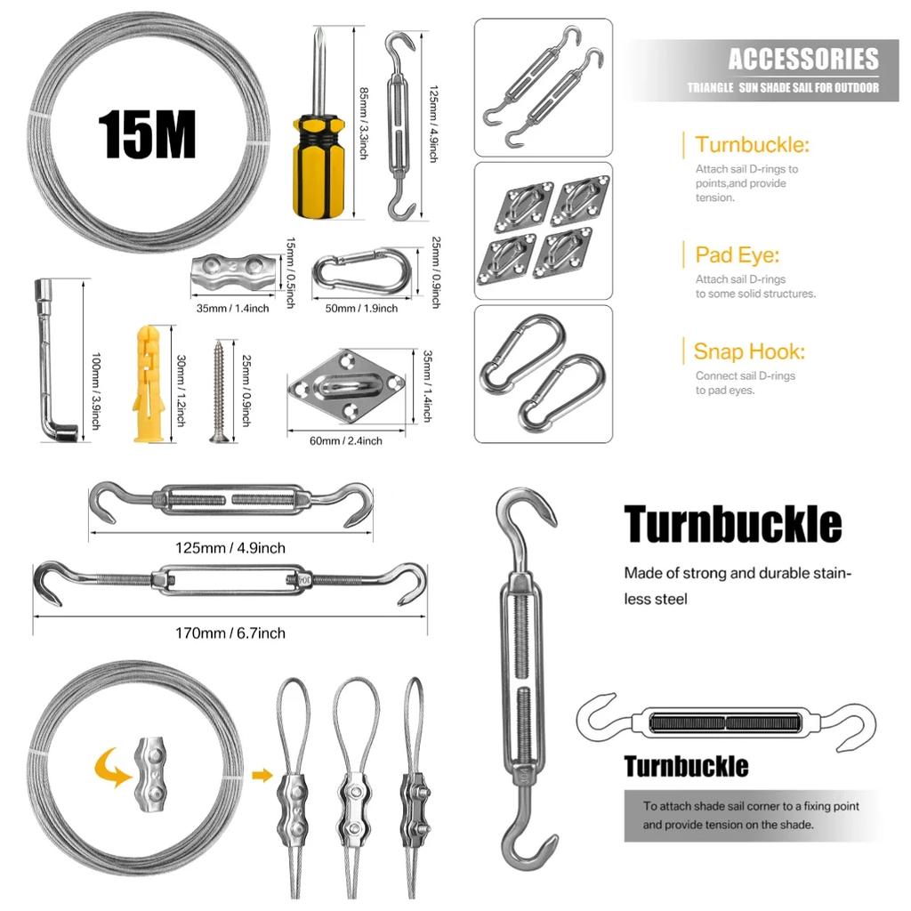 Shade Sail Wire Rope Kit 4/47/60/72Pcs Stainless Steel Hardware Kit Heavy Duty Anti-Rust Shelter Hardware Kit Set Tent Accessori