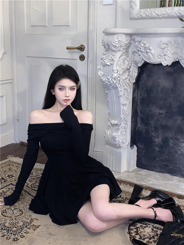 French Temperament One-word Collar A-word Short Skirt Long-sleeved Dress Women's Summer Dress Sweet Spice Girl Slim Waist Small Black Dress