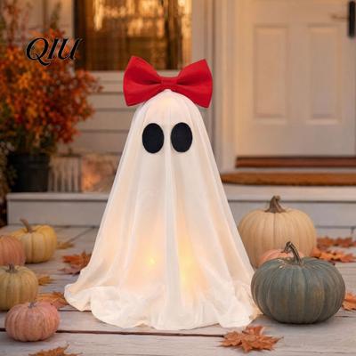Cute Ghost Halloween Ornament LED Decoration, Pink Bow Tabletop Ornament, Soft Non-snag Fabric Decoration Haunted House Decor with Warm Glow for Home