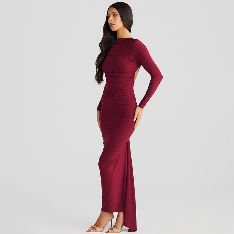 Vestido Tooxika de primavera y otoño para mujer, sexy, sin espalda, plisado, ajustado, con cuello redondo y manga larga