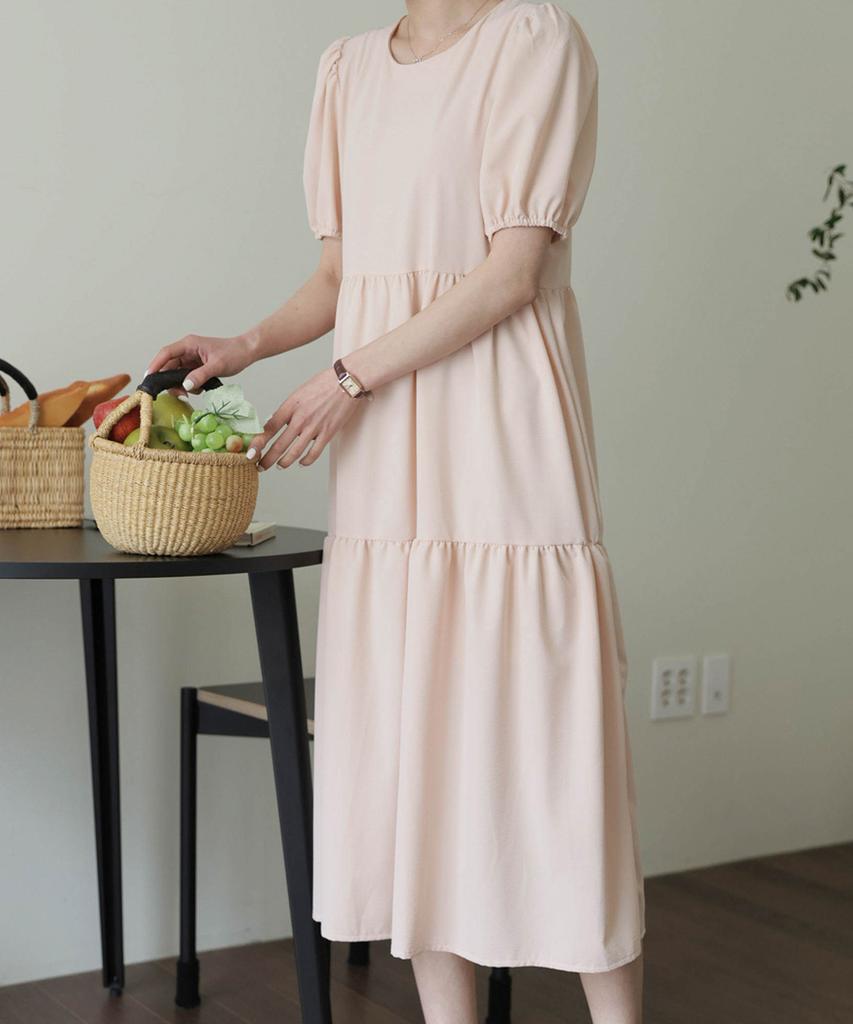 Ppaeppae Round Neck Puff Sleeve Tiered Long Dress