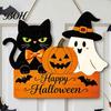 Kindergarten Holiday Environment Decor Halloween Door Sign with Hemp Rope Lanyard, Pumpkin Ghost Printed Hanging Decorative Plaque for Home
