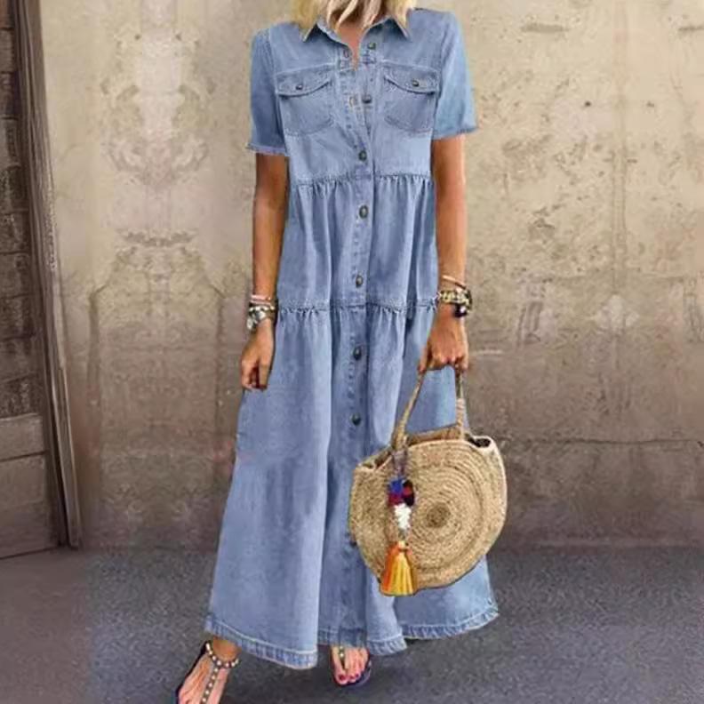 YYFS Moda Feminina Verão Primavera Cor Sólida Estampa Manga Curta Gola Polo Cintura Solta Vestidos Casuais